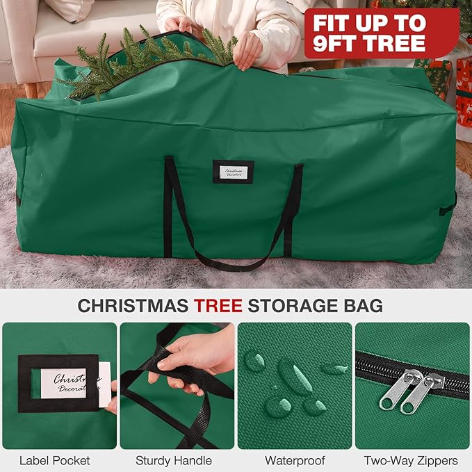 3 Pack Christmas Tree Storage Bag, for Artificial Trees up, Sturdy Waterproof With Reinforced Carrying Handles, Xmas Holiday Garland Bag Storage Case (Green, 9 Ft)