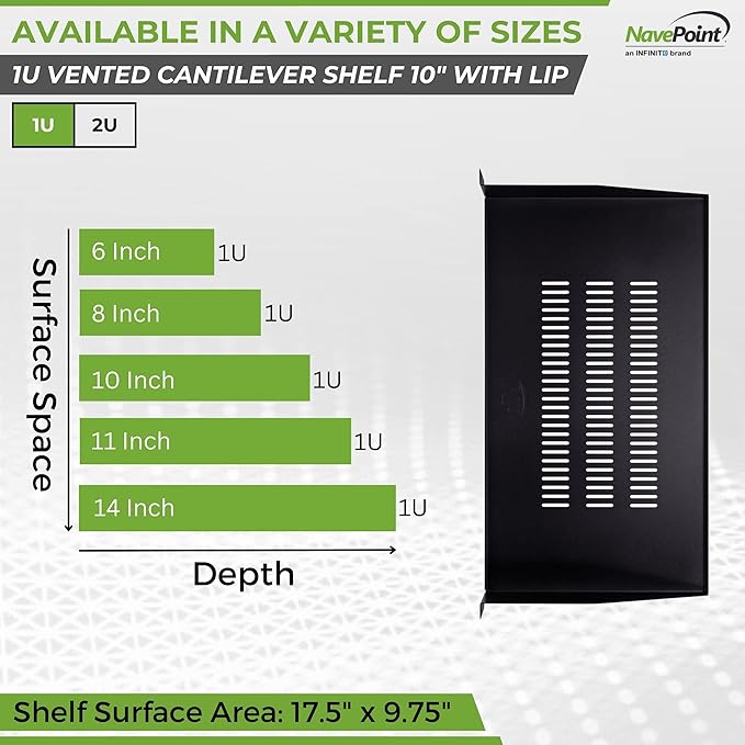 NavePoint Cantilever Server Shelf Vented Shelves Rack Mount 19 Inch 1U Black 10 Inches (250mm) deep
