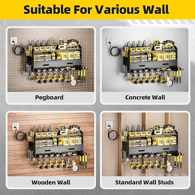 SEENWUUN Power Tool Organizer Wall Mount with Charging Station, 4 Layers Storage Rack with 9 Drill Holders & Battery Storage, Cordless Tool Organizer with 2 Drawers for Garage, Workshop & Tool Room