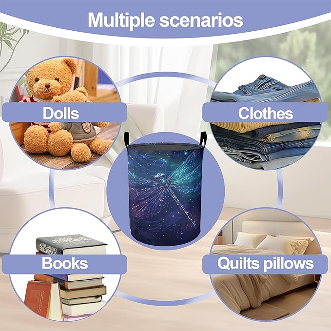 Laundry Basket-Retro Blue Dragonfly Foldable Waterproof Oxford Cloth Funny Tote Bag Laundry Hamper Clothes Storage Bucket Organizer For Bathroom/Laundry Storage/Bedroom Storage Basket