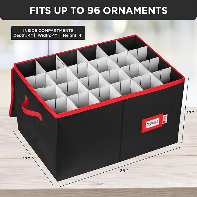 Christmas Ornament Storage Container with Dividers - Box Stores Up to 96 Ornaments, Zippered, Convenient, Adjustable, Large Organizer Bin to Protect Holiday Décor, Fits Most Standard Size, Black
