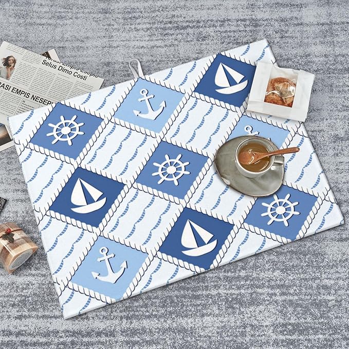Vintage Nautical Sailboat Anchor Dish Drying Mat 18x24 For Kitchen Counter Absorbent Microfiber Dishes Pad Dish Drainer Rack Mats Fast Dry Kitchen Accessories