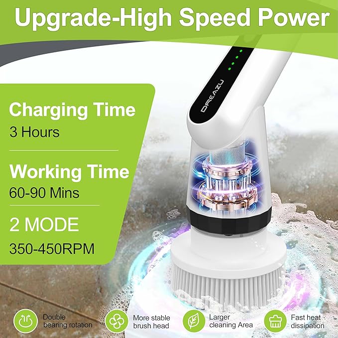 WKY-Electric Spin Scrubber - Upgraded 10-in-1 IPX7 Waterproof Shower Scrubber, Retractable Handle & 2-Speed for Toilet, Bathroom, Bathtub, Tile Floors