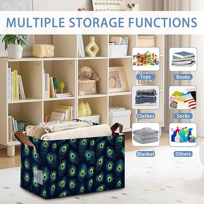 Retro Peacock Storage Basket with Handles,Collapsible Rectangle Organizer Bin for Room Decoration Books Box Baskets 17x11.5x10Inch