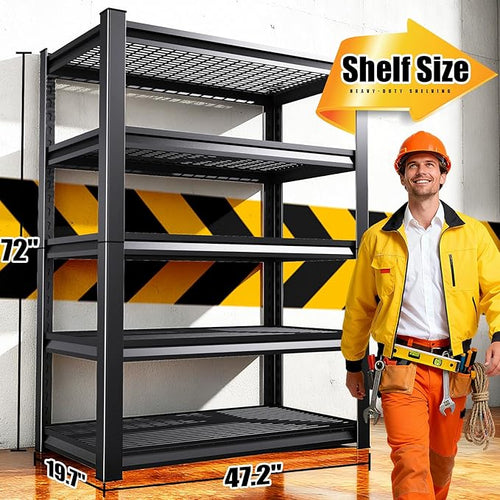 5-Tier 72”H Garage Shelving, Adjustable Garage Shelves, 3000 Lbs Storage Shelves Heavy Duty, Garage Shelf for Tool Organization, Storage Shelves for Basement, Warehouse, Black (72''H×45.7''W×19.8''D)