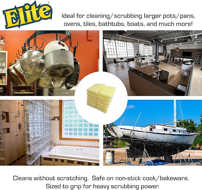 Elite HD (Heavy Duty) All Purpose Cleaning Pad, 12 Pack (Bulk), Non Scratch, Dish Sponge, Scrubber, Made in USA. Large Thick Sponge for Household and Industrial Use. Sized to Grip for Heavy Scrubbing.