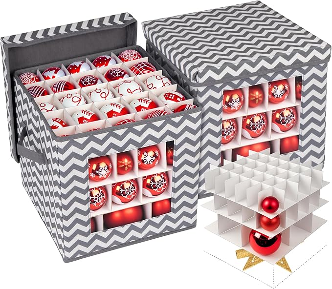 2 Pack Ornament Storage Box Set, Xmas Ornament Boxes for Storage, 166pcs Compartment for 3cm-10cm Christmas Balls, Christmas Decoration Organizer with Carry Handle & Transparent Window, 30x30x30cm