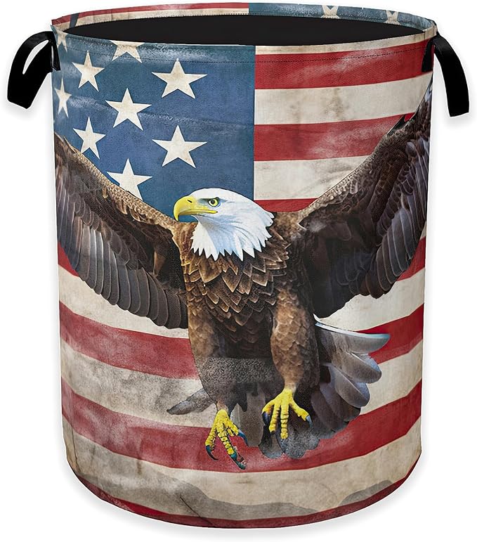 Bald Eagle Laundry Basket,American Flag Clothes Hamper,Oxford Cloth Collapsible Nursery Hamper Storage Organization for Bedroom,Bathroom,Office,College Dorms,16x20 Inch