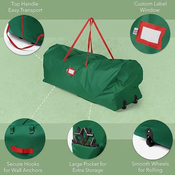 Holiday Cheer Christmas Tree Storage Bag with Wheels – Heavy Duty Christmas Tree Bag Fits Up to 7.5ft Tall Artificial Tree, Waterproof, Durable Handles & Zipper – Xmas Tree Storage Bag (Green)