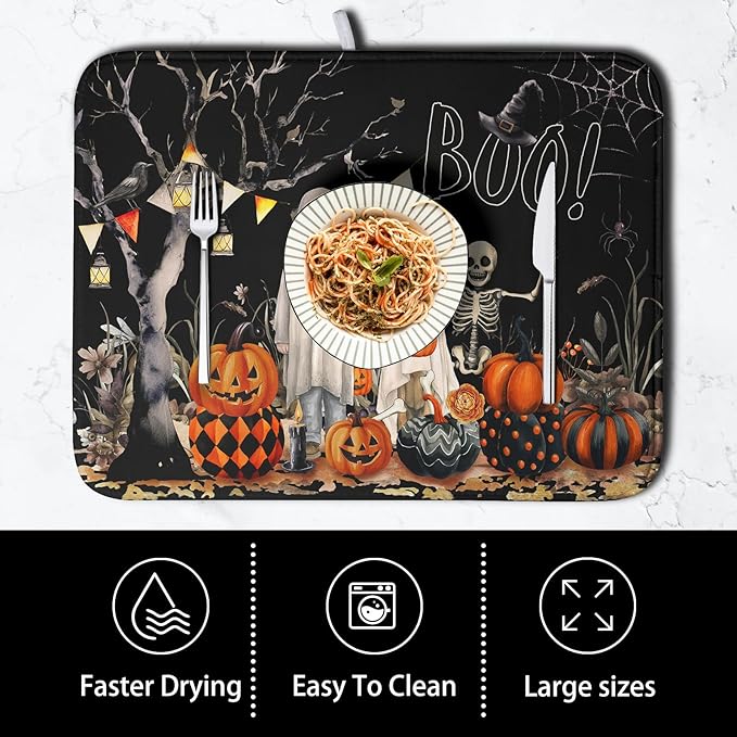 Kwlegh Halloween Dish Drying Mat for Kitchen Counter 16x18 Inch Black Ghost Pumpkins Dog Boo Skull Dishes Drainer Mats Absorbent Microfiber Washable Dish Draining Pad for Sink Coffee Bar