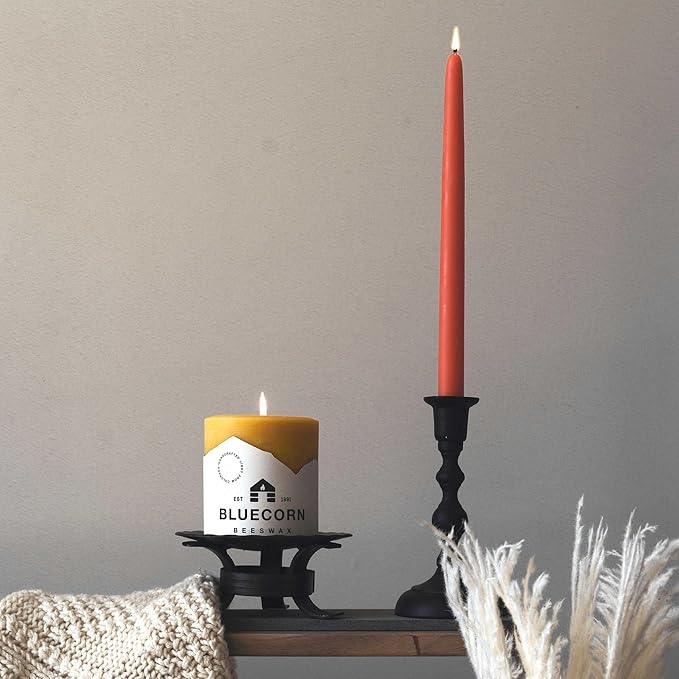Bluecorn Beeswax Taper Candles, 100% Pure Natural Bees Wax, 12 Inch Pair, Orange Candlesticks, Unscented, Clean Burning & Dripless, Long Lasting, Thanksgiving & Christmas Decor, American Made, 1 Count