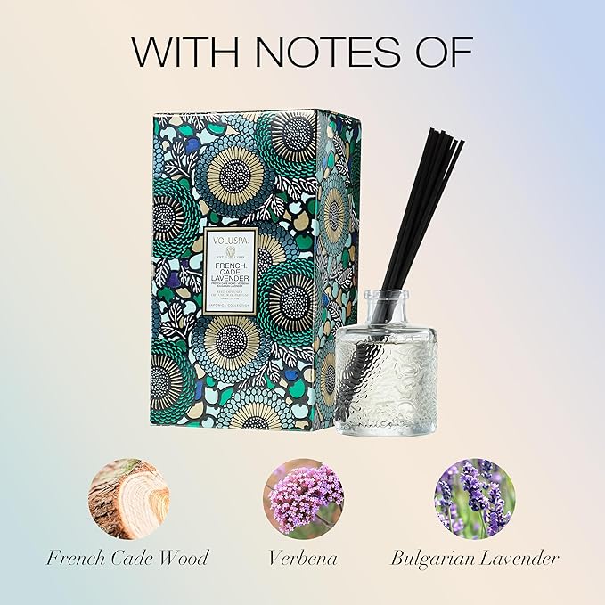 Voluspa French Cade Lavender Scented Reed Diffuser, 3.4 oz, Luxury Woody Lavender Diffuser, Oil Reed Diffusers for Home, Handcrafted in The USA