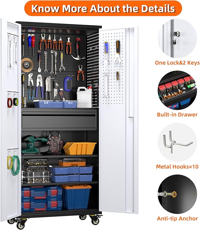 Aobabo Garage Storage Cabinet with Wheels and 1 Interior Drawer, 71" H Metal Rolling Cabinet with 16 Hooks and 2 Adjustable Shelves for Garage, Home, Office, Kitchen, Assembly Required, Black Gray