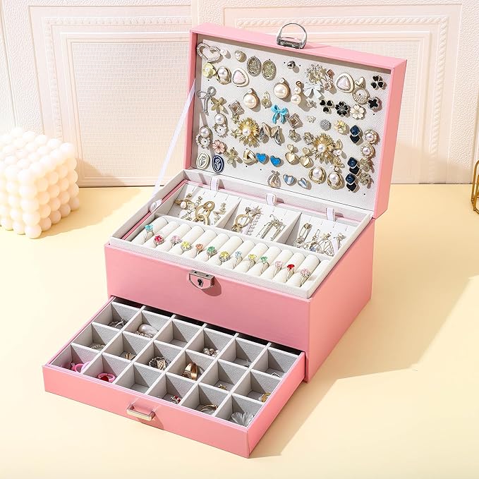 BOOVO Earring Jewelry Box For Women Girl Stud Organizer, 5 Layers Girl Jewelry Organizer Box With Lock Earring Holder Organizer Necklace Ring Jewelry Organizer Box For Girls (Pink)