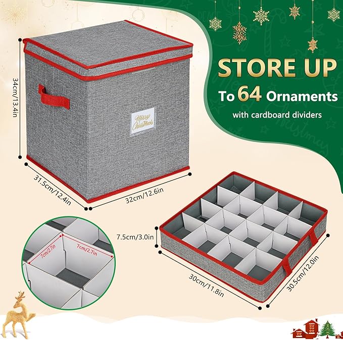 Christmas Ornament Storage Box with Adjustable Dividers, 4 Removable Trays, Christmas Ornament Organizer Ornament Holder Holds Up to 64 Xmas Balls, Durable Christmas Ball Storage Container