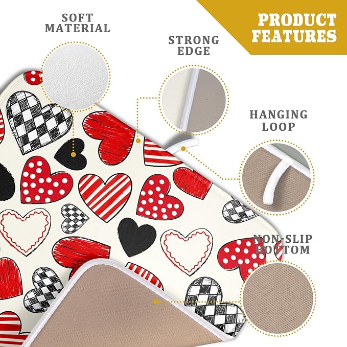 Valentines Day Dish Drying Mat for Kitchen Counter 18x16 Inch Red Heart Drying Mat with Absorbent Reversible Microfiber Holiday Love Dish Drainer Mats Rack Pad for Coffee Countertop Protector