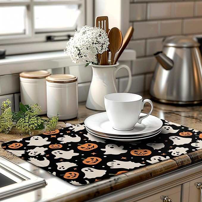 Wnoesat Halloween Dish Drying Mat for Kitchen Counter Pumpkin Spooky Ghosts Fall Dish Mat Absorbent Microfiber Reversible Dish Draining Mat Extra Large Dishes Pad 18 X 24 Inch