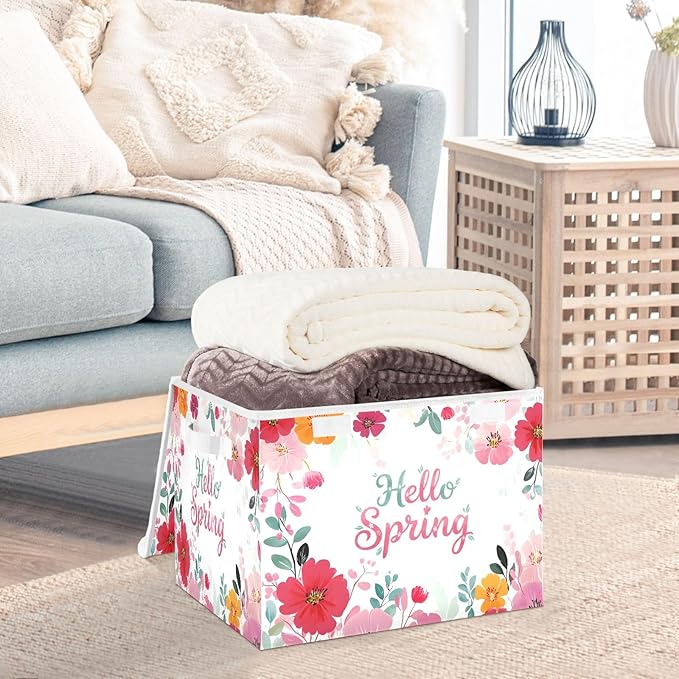 Bolaz Spring Flowers Storage Bins with Lids and Handles, Foldable Storage Box Storage Basket with Cover Collapsible Organizer Containers for Home Closet, Shelves