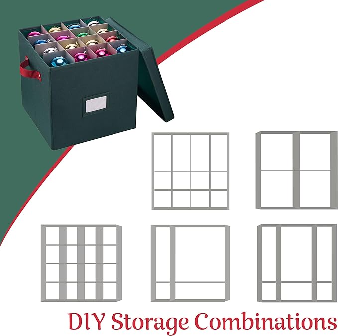 Storage Ornament Box - Holiday Organizer Cube with 64 Individual Compartments and Adjustable Dividers - For Christmas Decorations by Elf Stor (Green)