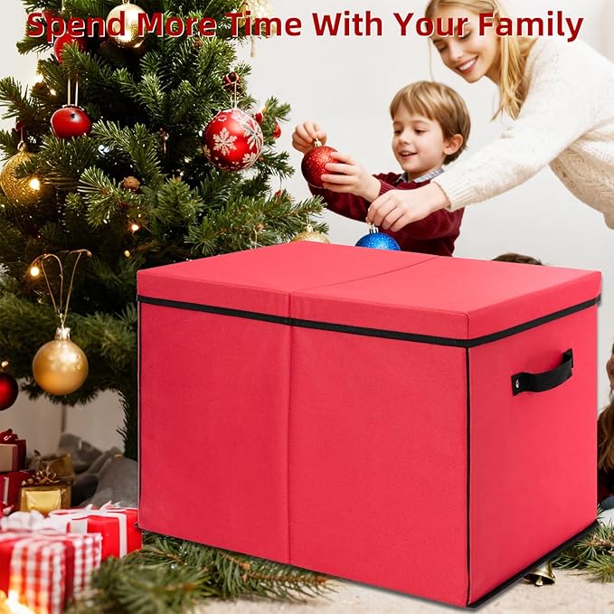 inin Christmas Ornament Storage Box with Adjustable Dividers,Stackable Drawer Ornament Organizers,Ornaments Storage Container Bin with Lid for Xmas Decorations (72 Ball, Red, with Removable Tray)
