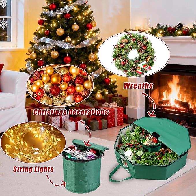 2 Pack Wreath Storage Christmas Garlands Bag with Interior Pockets Large Xmas Container Box for Holiday Decorations Case with Dual Zipper and Handles Window Labeling Card Slot 24" Green