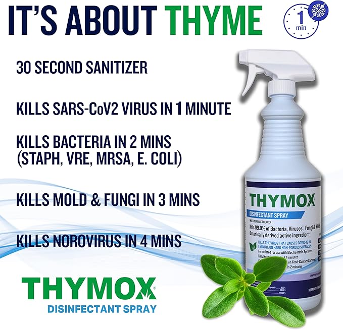 Thymox Botanical Disinfectant Spray 32 oz - All Natural Multipurpose Cleaner, Pet Friendly, Hospital Grade Disinfectant, Kitchens, Pet Hospitals, Vet Clinics, Restoration, Lemongrass Fragrance