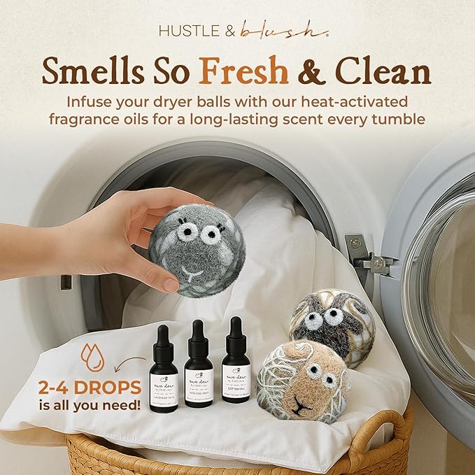 Hustle & Blush Fluff Ewes Wool Dryer Balls 6 Pack - Extra Large Classic Premium Hand Needled New Zealand Laundry Set, Reduces Drying Time, Static Control, Chemical Free Reusable for Essential Oils