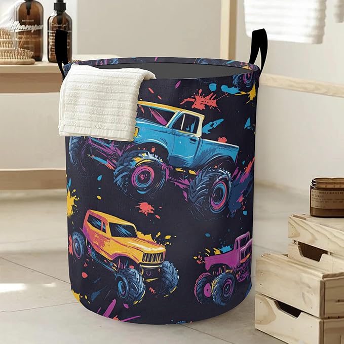 Colorful Trucks Laundry Hamper Large Canvas Fabric Lightweight Storage Basket/Dirty Clothes Collapsible Waterproof for College Dorms, Boys and Girls Bedroom,Bathroom