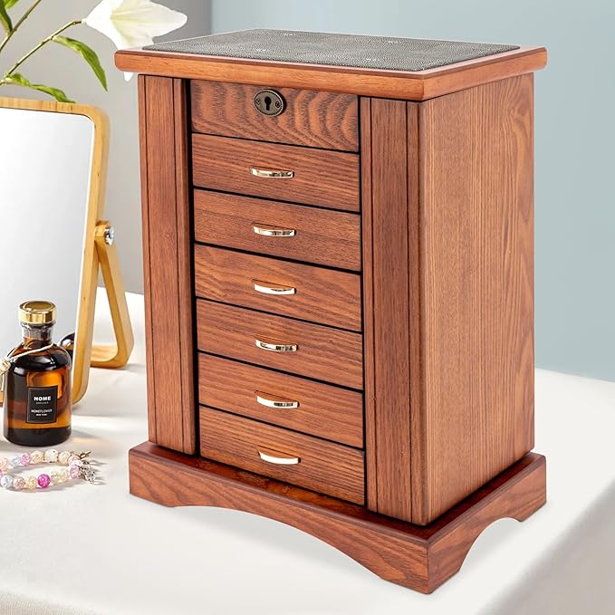 7 Layers +2 Swing-Out Jewelry Box,Jewelry Cabinet Organizer,Watch Storage Boxes,Rings Necklaces Organizer with Side Doors,6 Pull-Out Drawer,Mirror,Lock,Walnut (Walnut)
