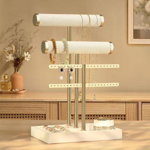 3 Tier Bracelet Holder Display - Detachable T Bar Beige Velvet Bracelet Holder, Jewelry Holder Organizer for Bracelet, Necklace, Earrings, Rings