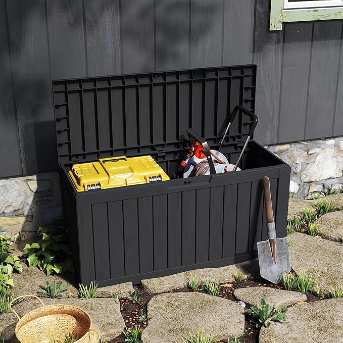 Outdoor Storage Box Waterproof with Wheels, 75 Gallon Lockable Resin Deck Box Patio Storage Bin for Pool Accessories Cushion Furniture, Garden Tools, UV-Resistant Outside Delivery Black