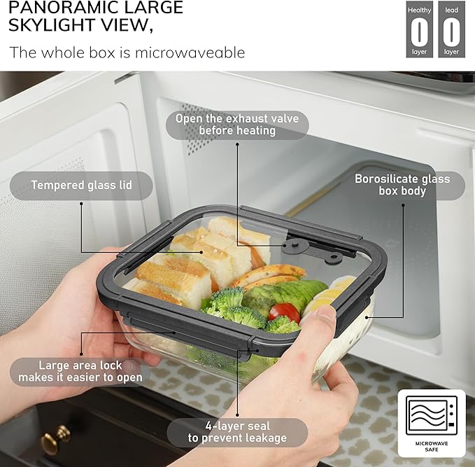 BOROHOUSE 5-Pack Borosilicate Glass Containers with Tempered Lids, 35.2oz/4.4 Cup Airtight Meal Prep Set, Microwave/Freezer Safe (Gray)