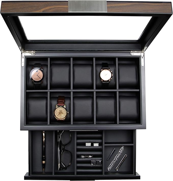 Decorebay Executive Wooden Watch Box Valet Box Sunglasses and Jewelry Box Storage Organizer (Sweetheart) (Brown)