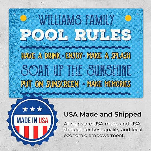 Custom Pool Sign, Pool Rules Make A Splash for Pool Décor Sign, 12x18 Inches, Rust Free .063 Aluminum, Fade Resistant, Made in USA by Sigo Signs