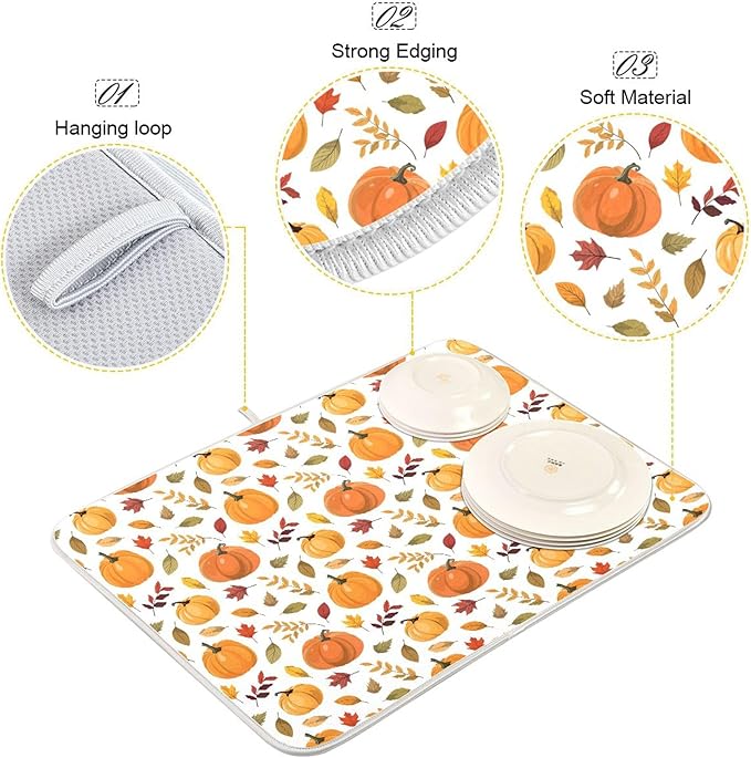 Fall Pumpkin Pattern Dish Drying Mat for Kitchen Countertop 16x18 Autumn Leaves Thanksgiving Day Small Drying Mat Reusable Quick Dry Dish Sink Mats Easy Clean Decorative Essentials