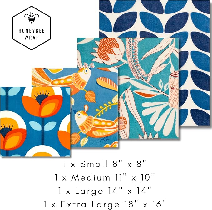 Honeybee Wrap Beeswax Wraps for Food - The Kitchen Collection - Organic Cotton Beeswax Wrap - Reusable Beeswax Food Wrap - Plastic Wrap/Sandwich Bags Alternative - 4 Pack, S, M, L & XL