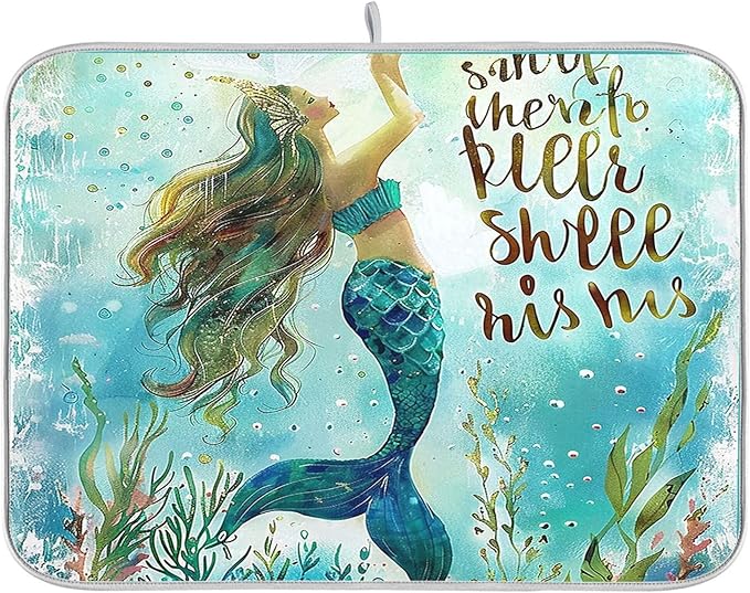 Mermaid Aqua Dish Drying Mat for Kitchen Countertop 18x24 Nautical Theme Ocean Turquoise Blue Large Drying Mat Reusable Quick Dry Dish Sink Mats Easy Clean Decorative Essentials