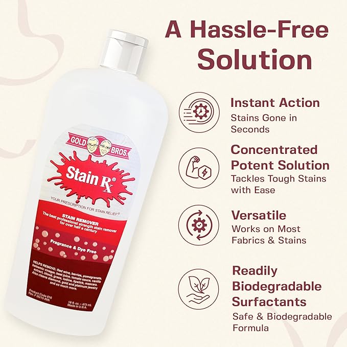 Stain Rx Stain Remover, Effectively Eliminates Stains from Wine, Berries & Blood on Colorfast Fabrics, Carpets, Upholstery & Jewelry, Fragrance & Dye-Free, Bleach-Free, Peroxides & Phosphates, 16 oz