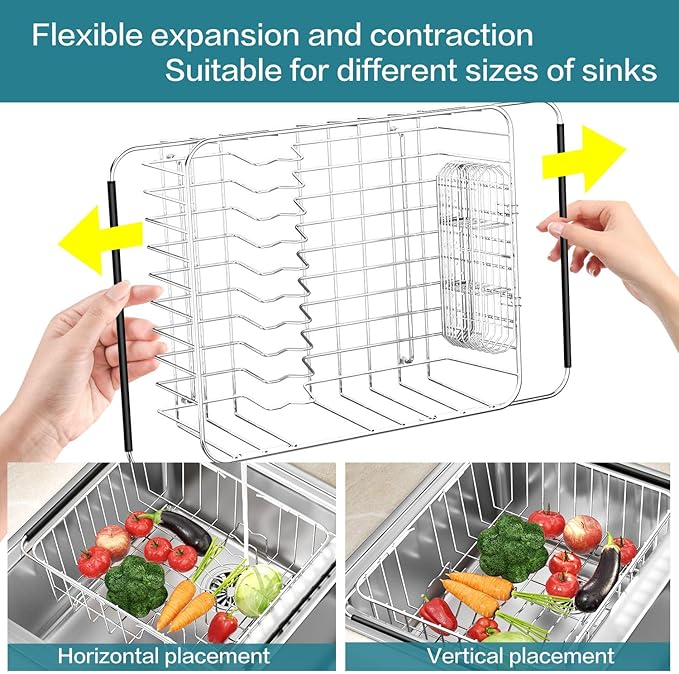 YZPGBT Large Dish Drying Rack in Sink Expandable, Adjustable304 Stainless Steel Metal Dish DrainerRack Organizer with Stainless Steel Utensil Holder Over Inside Sink Counter, Rustproof