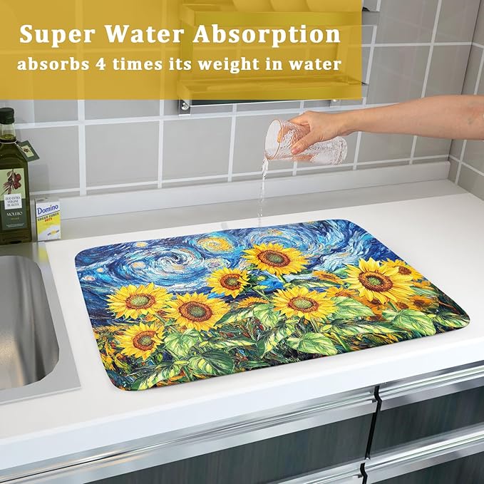Sunflower Dish Drying Mat for Kitchen Counter 24x18 Inch Starry Night Drying Mat with Absorbent Reversible Microfiber Farmhouse Floral Dish Drainer Mats Rack Pad for Coffee Countertop Protector