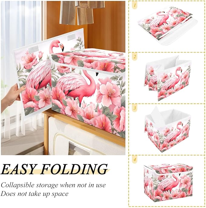 Bolaz Storage Bins with Lids and Handles,Pink Flamingo Storage Box Storage Basket with Cover Collapsible Organizer Containers for Home Closet, Shelves