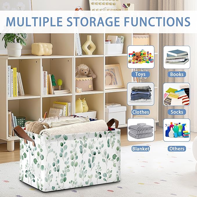 Eucalyptus Storage Basket,Leaves Collapsible Storage Bin Cubes for Living Room Bedroom Blankets Home Storage 17x11.5x10Inch