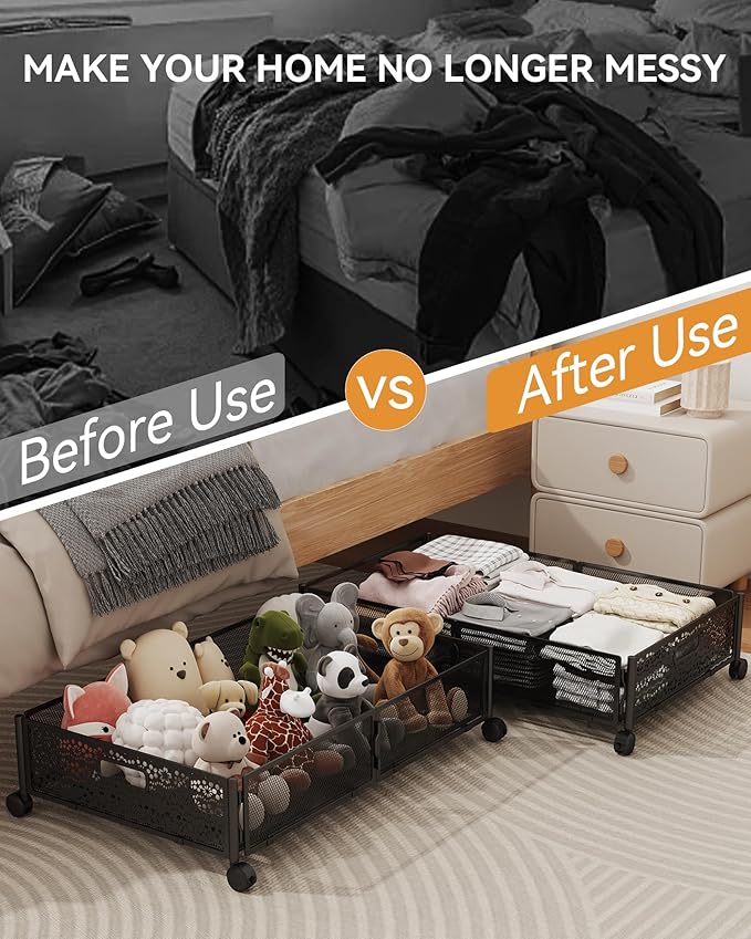 Under Bed Storage with Wheels, Foldable Pattern Carved Metal Under The Bed Storage, Tool-Free Assembly Under Bed Organizer, 60L Underbed Storage for Bedroom Clothes Blankets Shoes Toys