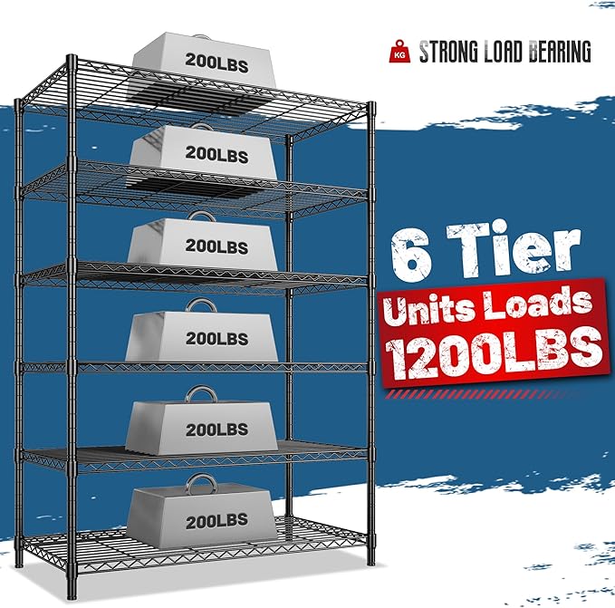 DurayLoly Storage Shelves Metal Shelving Unit 6Tier Wire Shelving Rack 1200LBS Heavy Duty, Adjustable Pantry Shelves, Metal Shelf for Kitchen,Garage Shelving,Closet Shelves,75" Hx 36" Wx 18" D