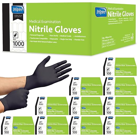 Inspire Case of 1000 Nitrile Gloves | THE ORIGINAL Quality Black Disposable Glove Latex Free | 4.5 Medical Cooking Cleaning Mechanic (Black Size XXL)