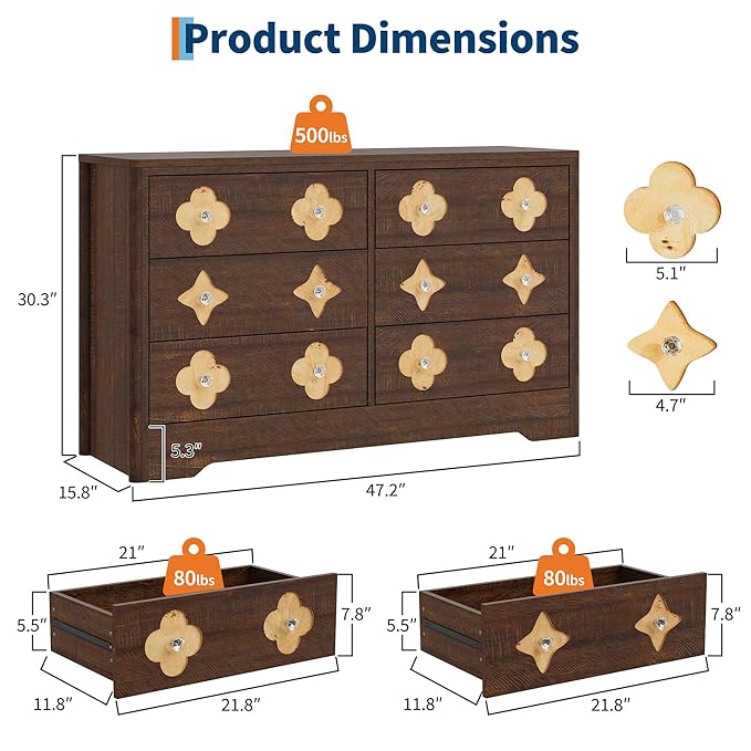 Garvee Dresser for Bedroom with 6 Drawers, 47.2'' Wide Chest of Large Decorative Drawer Front with Large Clothes Storage Cabinet, Wood Bedroom Dresser, TV Stand for Nursery, Living Room, Brown