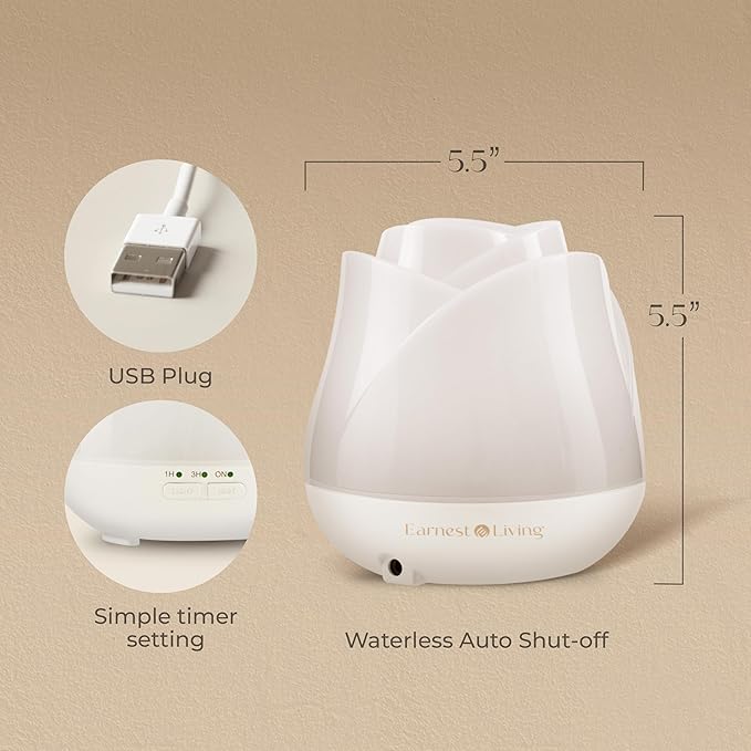 Earnest Living Rose Essential Oil Diffuser 150ml – Mini Ultrasonic Aromatherapy Humidifier for Bedroom & Desk, Quiet Mist, USB Powered, 7-Color Night Light, BPA for Women – Solid White