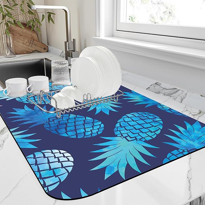 Kitchen Mat Blue Pineapple Dish Drying Mat 12"x19" Bsorbent Coffee Maker Mat for Sink Dishes or Under Rack Kitchen Counter Accessories Absorbent Hide Stain Rubber Backed Dish Drying Pad