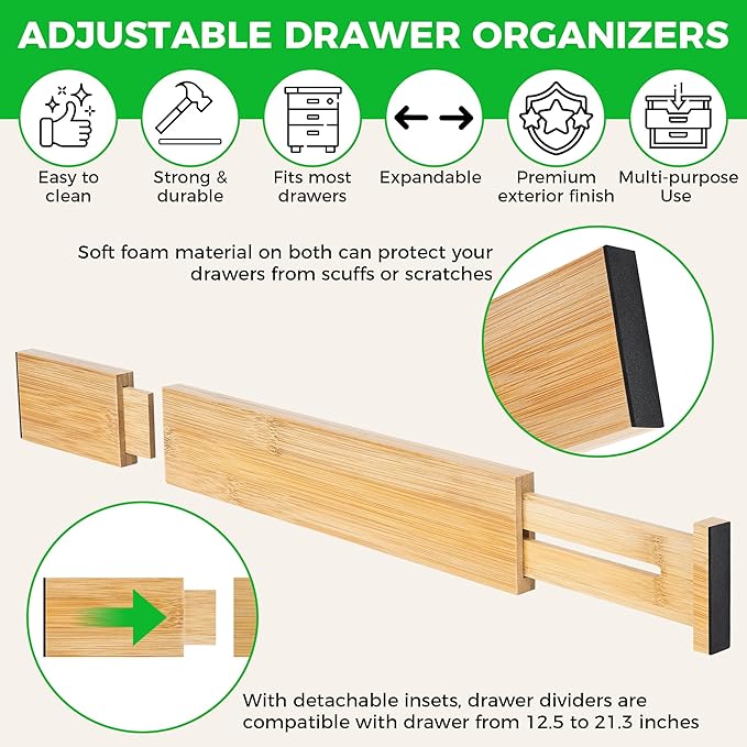 4 Pack Bamboo Kitchen Drawer Dividers with Inserts 2.6" High, Adjustable from 12.5 Inch to 21.7 Inch Drawer Organizers, Expandable Drawer Separators for Clothes, Bedroom, Dresser, Office (Beige)