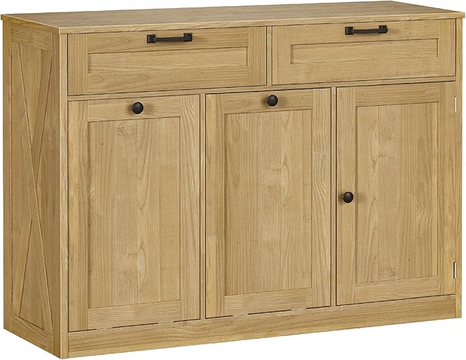 Double Tilt Out Laundry Hamper Cabinet, 43.3" Laundry Storage Cabinet with 2 Removable Baskets, Farmhouse Wooden Hidden Trash Bin Cabinet with Open Shelving, for Bathroom, Natural